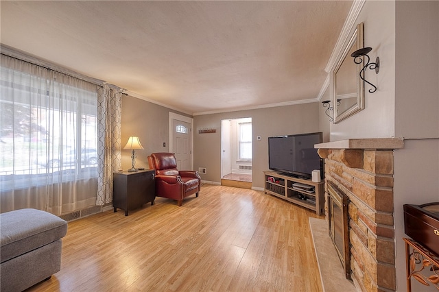 living room featuring crown molding, wood-type flooring, and a fireplace