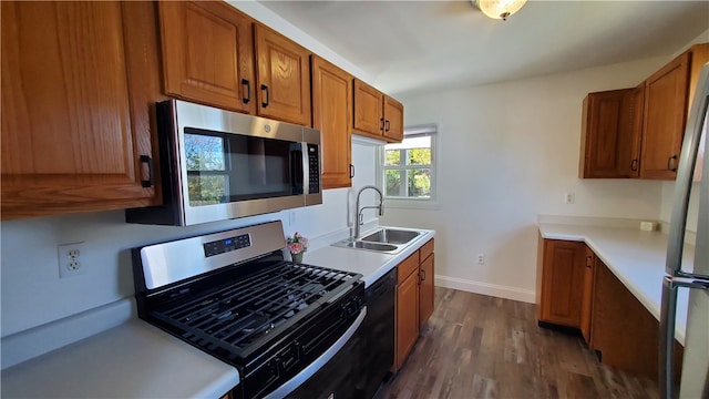 kitchen with stainless steel appliances, dark hardwood / wood-style floors, and sink