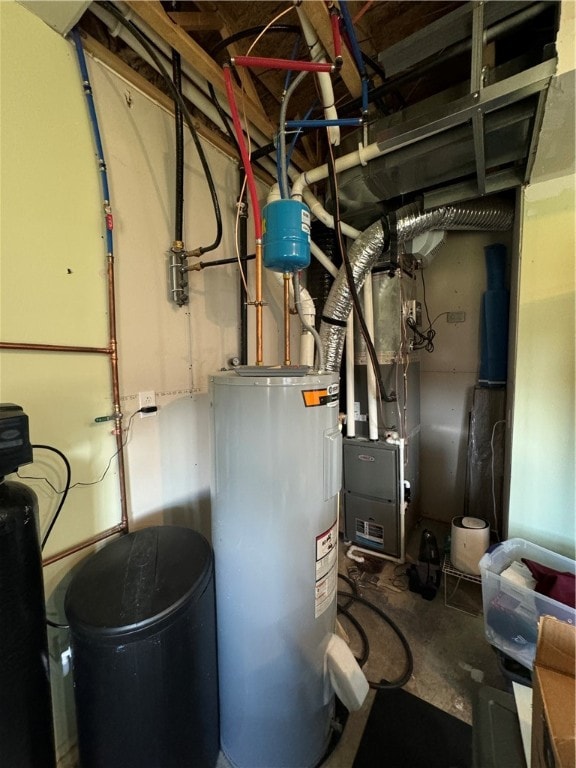 utility room with electric water heater and heating unit