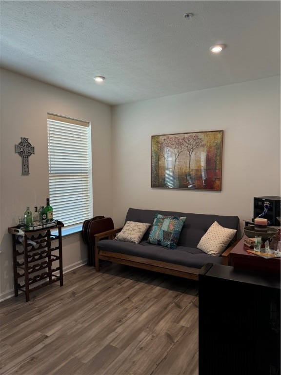 living room featuring a textured ceiling and hardwood / wood-style floors