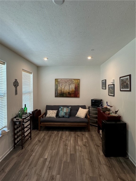 living room featuring a textured ceiling and dark hardwood / wood-style flooring