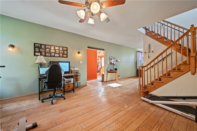 office featuring ceiling fan and light wood-type flooring