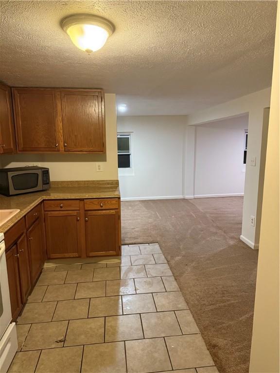 kitchen featuring light carpet, a textured ceiling, and range