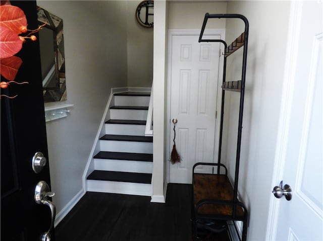 stairway with hardwood / wood-style flooring