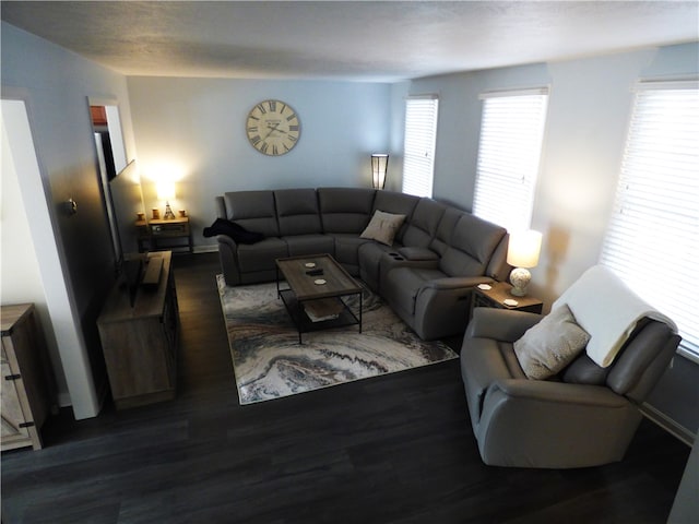 living room with plenty of natural light and dark hardwood / wood-style floors