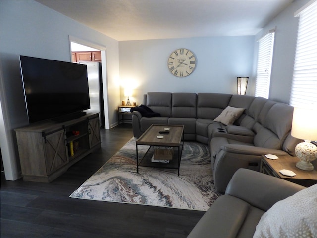 living room with dark wood-type flooring