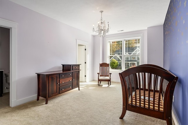 living area with light carpet and a chandelier