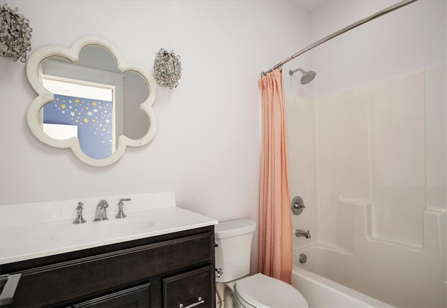 full bathroom featuring vanity, toilet, and shower / bathtub combination with curtain