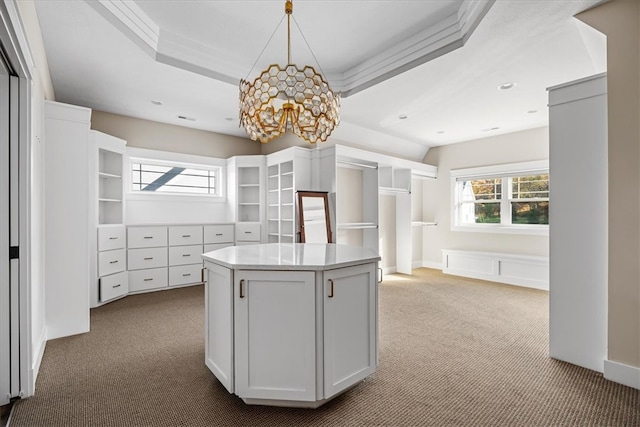 spacious closet featuring light carpet and a tray ceiling