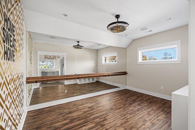 interior space with lofted ceiling and dark hardwood / wood-style flooring