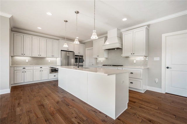 kitchen featuring dark hardwood / wood-style floors, stainless steel appliances, sink, custom exhaust hood, and white cabinets