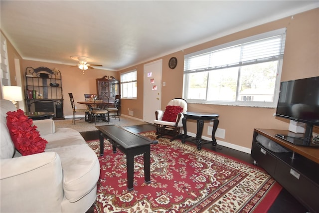 living room featuring ceiling fan