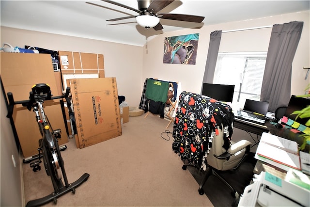 office featuring ceiling fan and light carpet