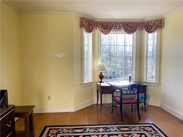 office with hardwood / wood-style flooring, a healthy amount of sunlight, and crown molding