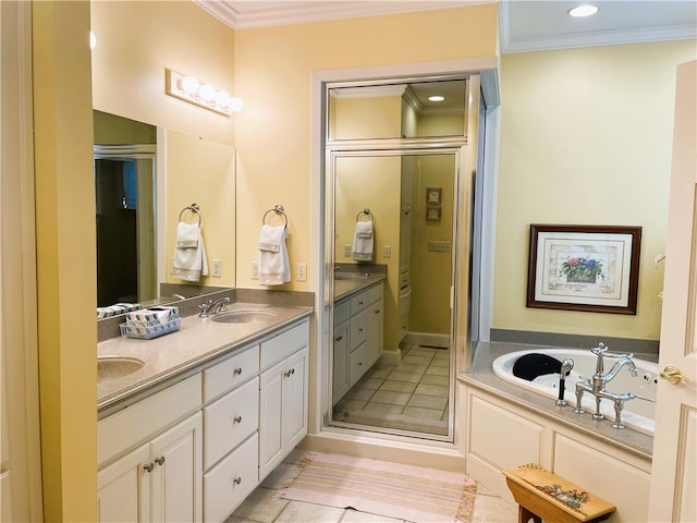 bathroom with vanity, separate shower and tub, crown molding, and tile patterned flooring