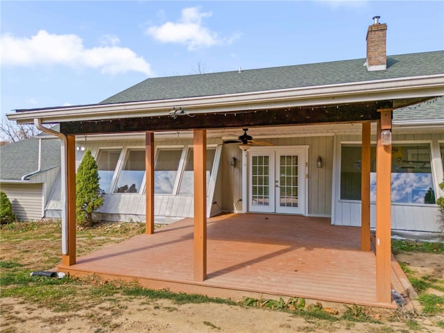 rear view of house featuring french doors and ceiling fan