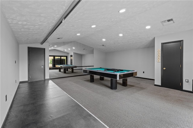 game room with lofted ceiling with beams, pool table, and a textured ceiling