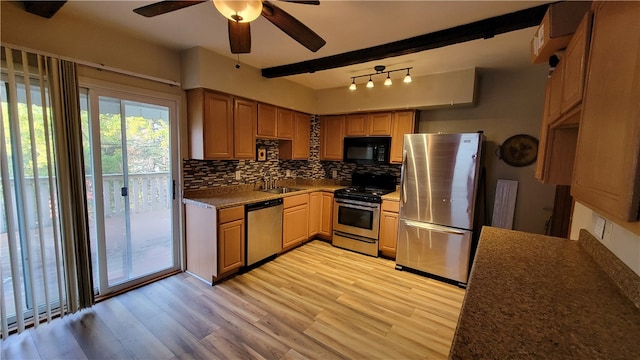 kitchen with decorative backsplash, beam ceiling, light hardwood / wood-style flooring, sink, and appliances with stainless steel finishes