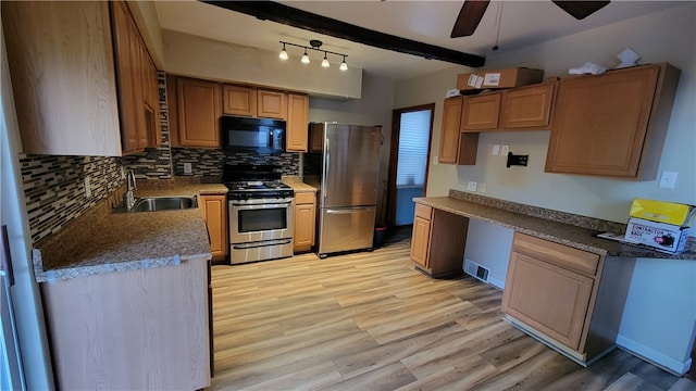 kitchen with decorative backsplash, beam ceiling, sink, light wood-type flooring, and appliances with stainless steel finishes