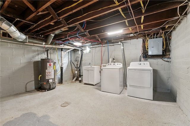 basement with electric panel, sink, water heater, and washer and dryer