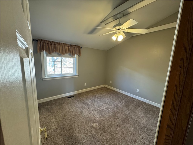 unfurnished room with lofted ceiling, carpet, and ceiling fan