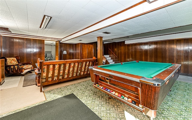 recreation room featuring wooden walls and billiards