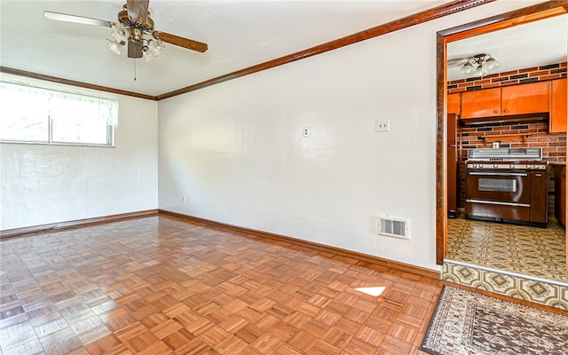 unfurnished room featuring ornamental molding, light parquet flooring, and ceiling fan