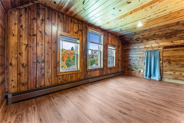 bonus room featuring wooden ceiling, lofted ceiling, light wood-type flooring, and a baseboard heating unit