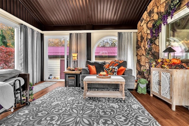 living area featuring wood ceiling and wood-type flooring