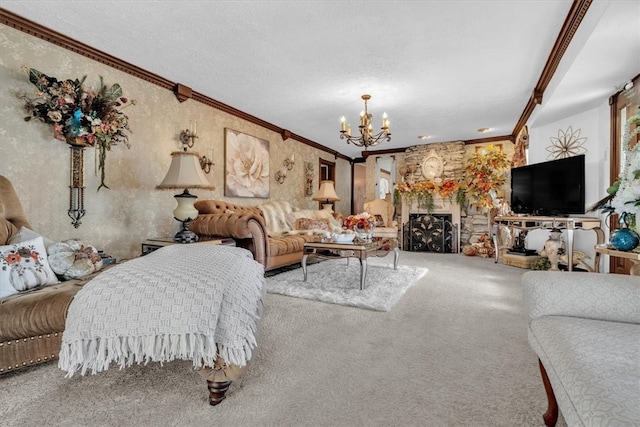 carpeted living room featuring crown molding, a textured ceiling, and an inviting chandelier