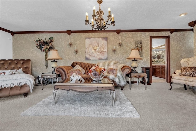 carpeted living room with a notable chandelier, a textured ceiling, and ornamental molding