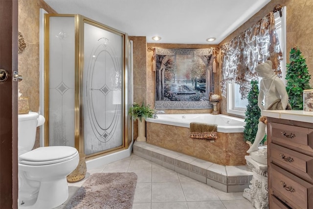 full bathroom with vanity, separate shower and tub, toilet, and tile patterned flooring