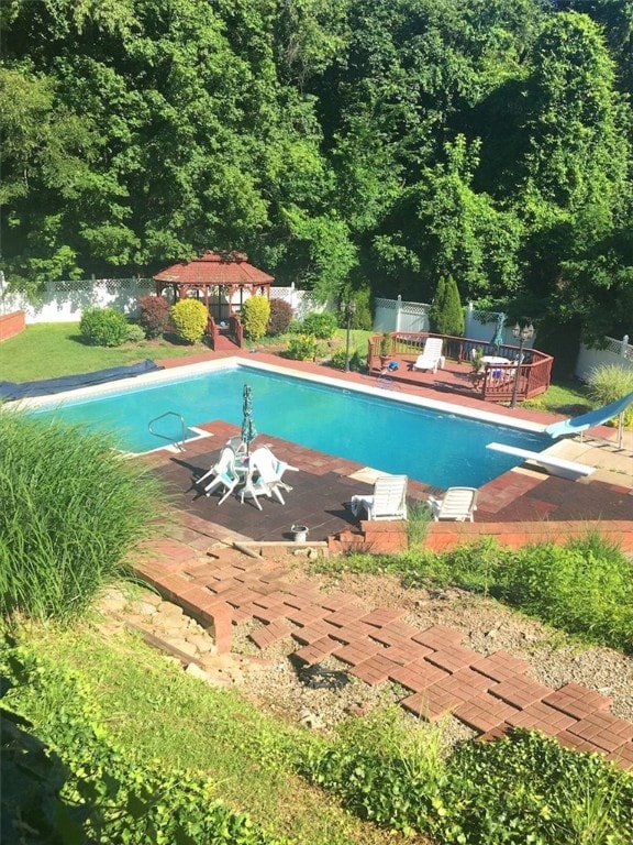 view of pool featuring a patio and a diving board