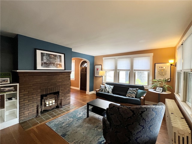 living room with a fireplace and hardwood / wood-style floors