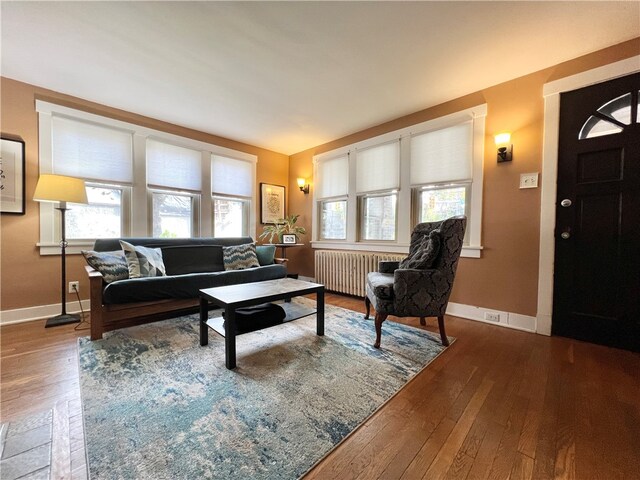 living room with hardwood / wood-style floors and radiator