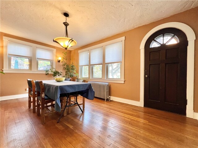 dining area with a textured ceiling, wood-type flooring, and radiator