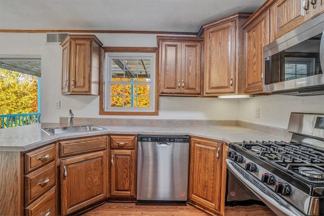 kitchen with appliances with stainless steel finishes, crown molding, a healthy amount of sunlight, and sink