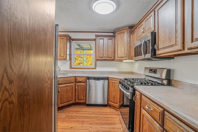 kitchen featuring sink, appliances with stainless steel finishes, and light hardwood / wood-style flooring