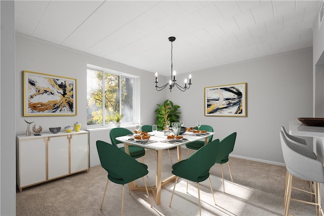 carpeted dining room with a chandelier