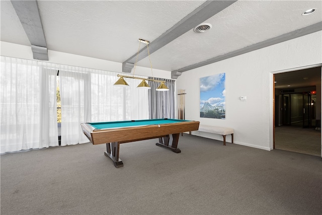 playroom featuring a textured ceiling, carpet flooring, billiards, and a wealth of natural light