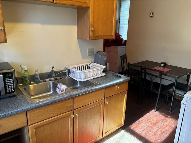 kitchen with washer / dryer, sink, and wood-type flooring