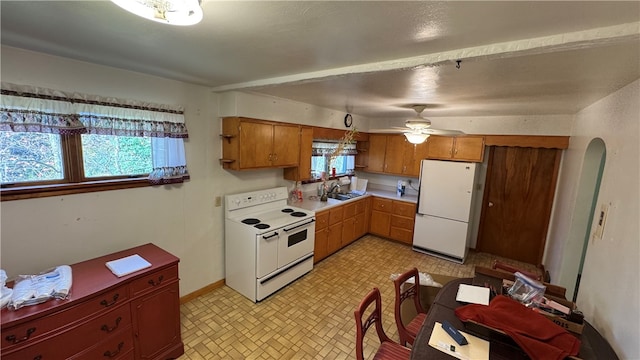 kitchen featuring white appliances, ceiling fan, and sink