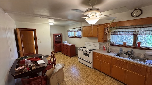 kitchen with a wealth of natural light, sink, white range with electric cooktop, and ceiling fan