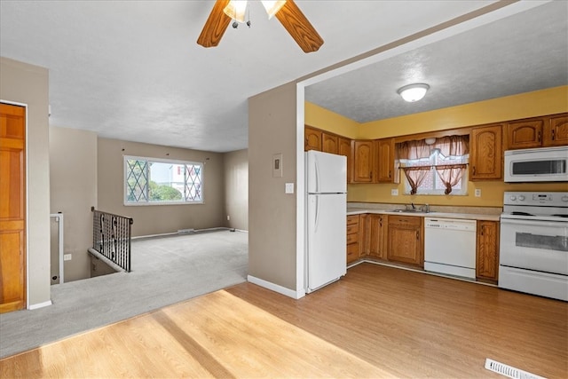 kitchen with light hardwood / wood-style floors, ceiling fan, sink, and white appliances