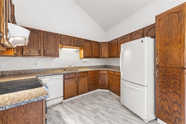 kitchen featuring sink, ventilation hood, high vaulted ceiling, and white appliances