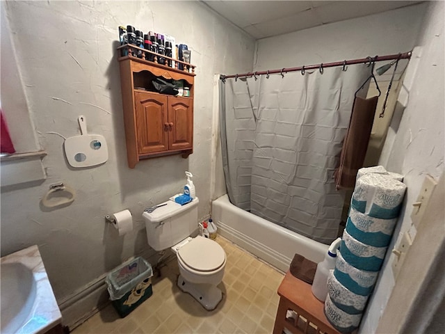 full bathroom featuring vanity, toilet, and shower / bathtub combination with curtain