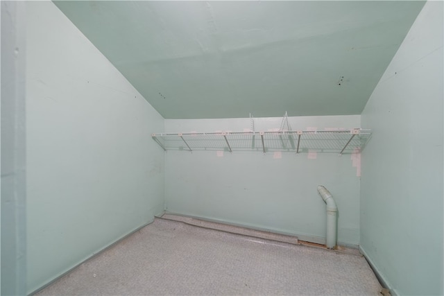 spacious closet with light carpet and lofted ceiling