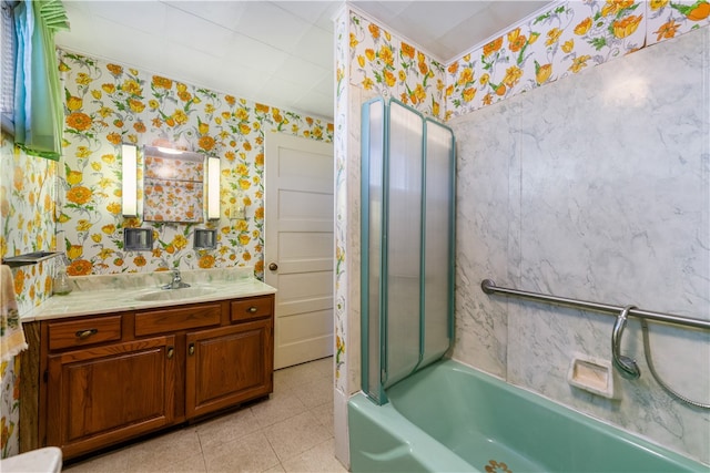 bathroom with vanity, shower / bathing tub combination, and tile patterned flooring