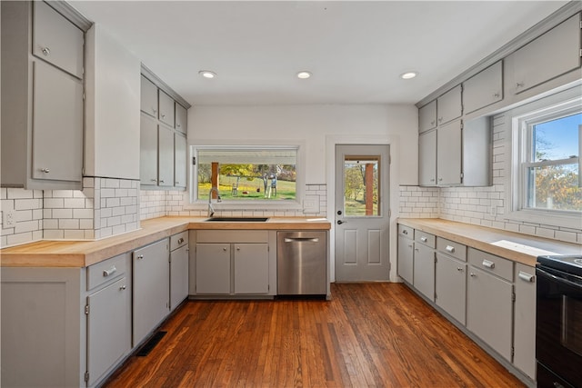 kitchen featuring electric range, dark hardwood / wood-style flooring, gray cabinets, and wooden counters