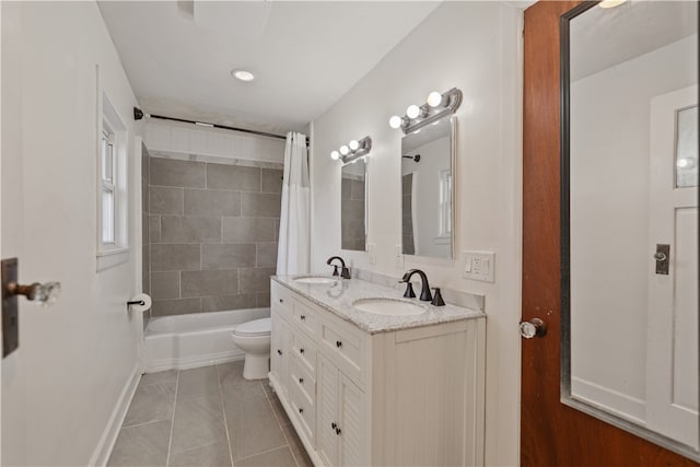 full bathroom with vanity, toilet, shower / bath combination with curtain, and tile patterned flooring